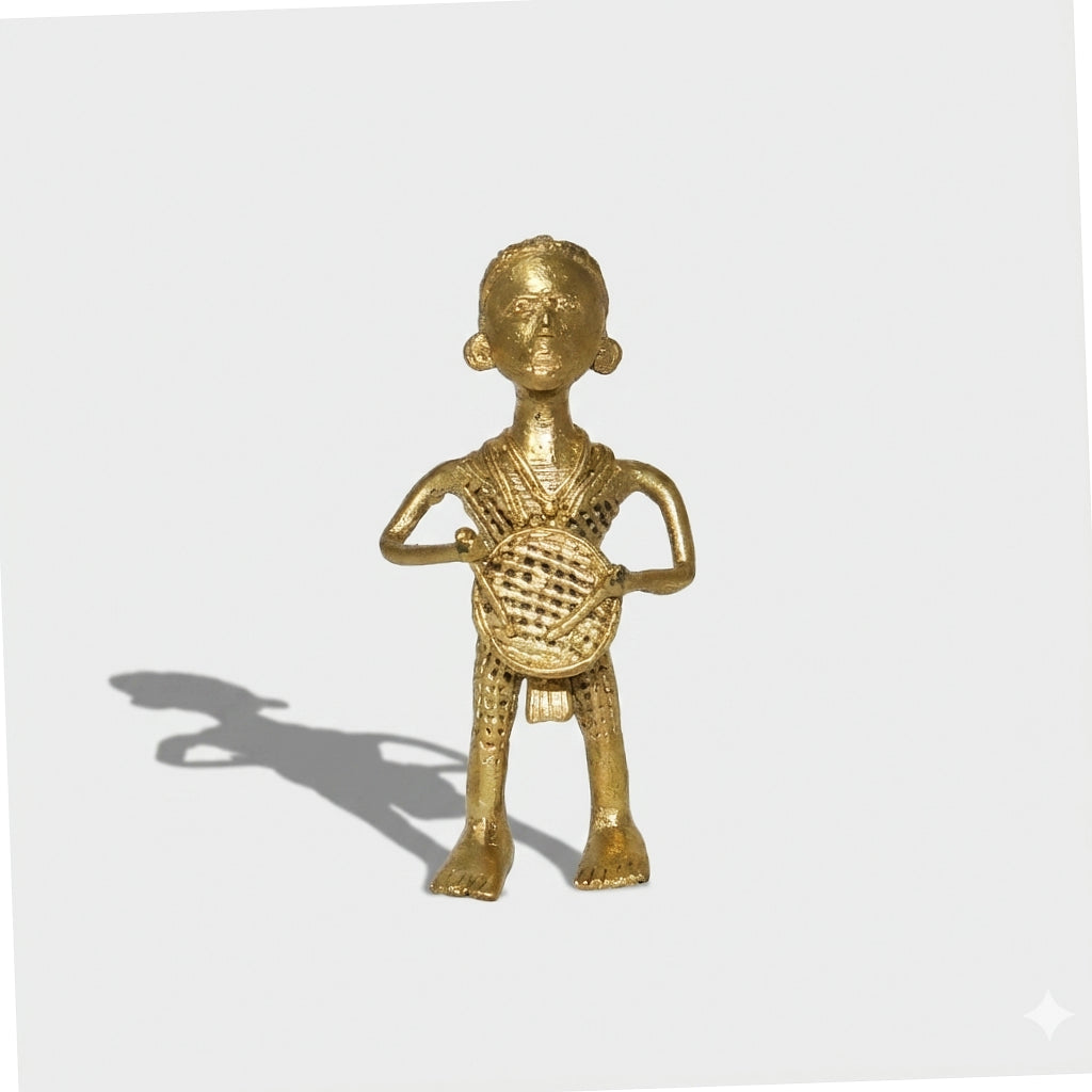 Golden Dhokra Tribal Drummer Man Figurine | Handmade Bronze Tribal Musician Sculpture