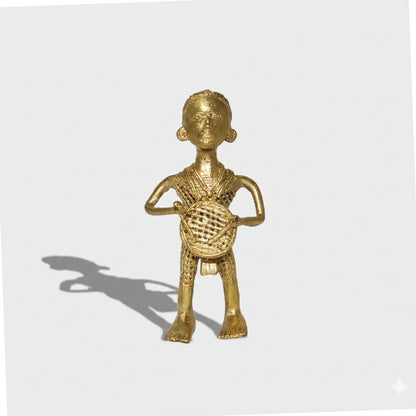 Golden Dhokra Tribal Drummer Man Figurine | Handmade Bronze Tribal Musician Sculpture