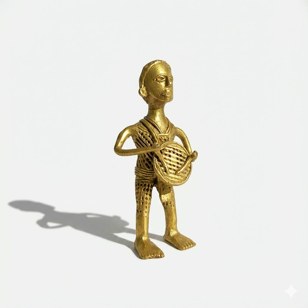 Golden Dhokra Tribal Drummer Man Figurine | Handmade Bronze Tribal Musician Sculpture
