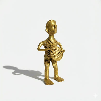 Golden Dhokra Tribal Drummer Man Figurine | Handmade Bronze Tribal Musician Sculpture