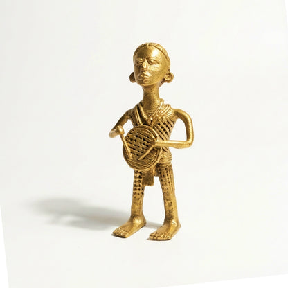 Golden Dhokra Tribal Drummer Man Figurine | Handmade Bronze Tribal Musician Sculpture