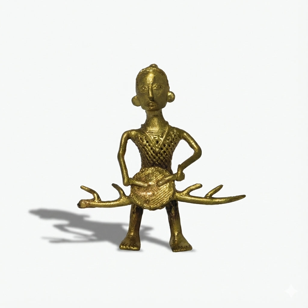 Golden Dhokra Drummer Man Figurine – Handmade Bronze Tribal Dholak Musician | Rare Dhokra Metal Art