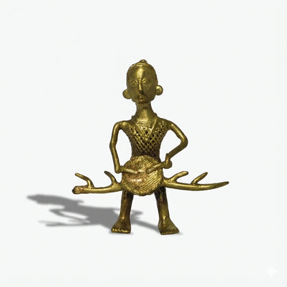 Golden Dhokra Drummer Man Figurine – Handmade Bronze Tribal Dholak Musician | Rare Dhokra Metal Art