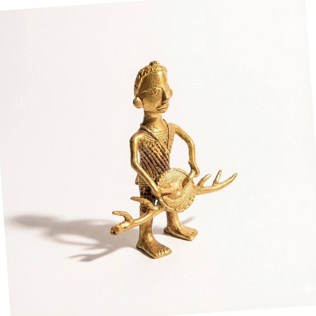Golden Dhokra Drummer Man Figurine – Handmade Bronze Tribal Dholak Musician | Rare Dhokra Metal Art