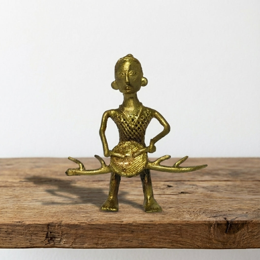 Golden Dhokra Drummer Man Figurine – Handmade Bronze Tribal Dholak Musician | Rare Dhokra Metal Art