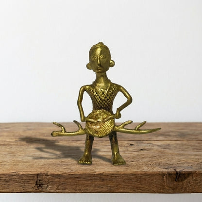 Golden Dhokra Drummer Man Figurine – Handmade Bronze Tribal Dholak Musician | Rare Dhokra Metal Art
