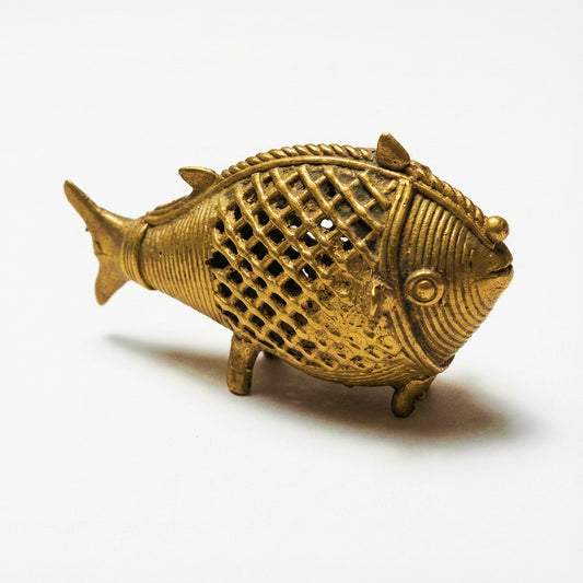 Golden Dhokra Fish Sculpture | Handmade Brass Fish Statue