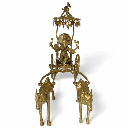 Golden Ganesh Chariot Dhokra Craft | Handmade Brass Ganesha Idol & Dhokra Metal Sculpture