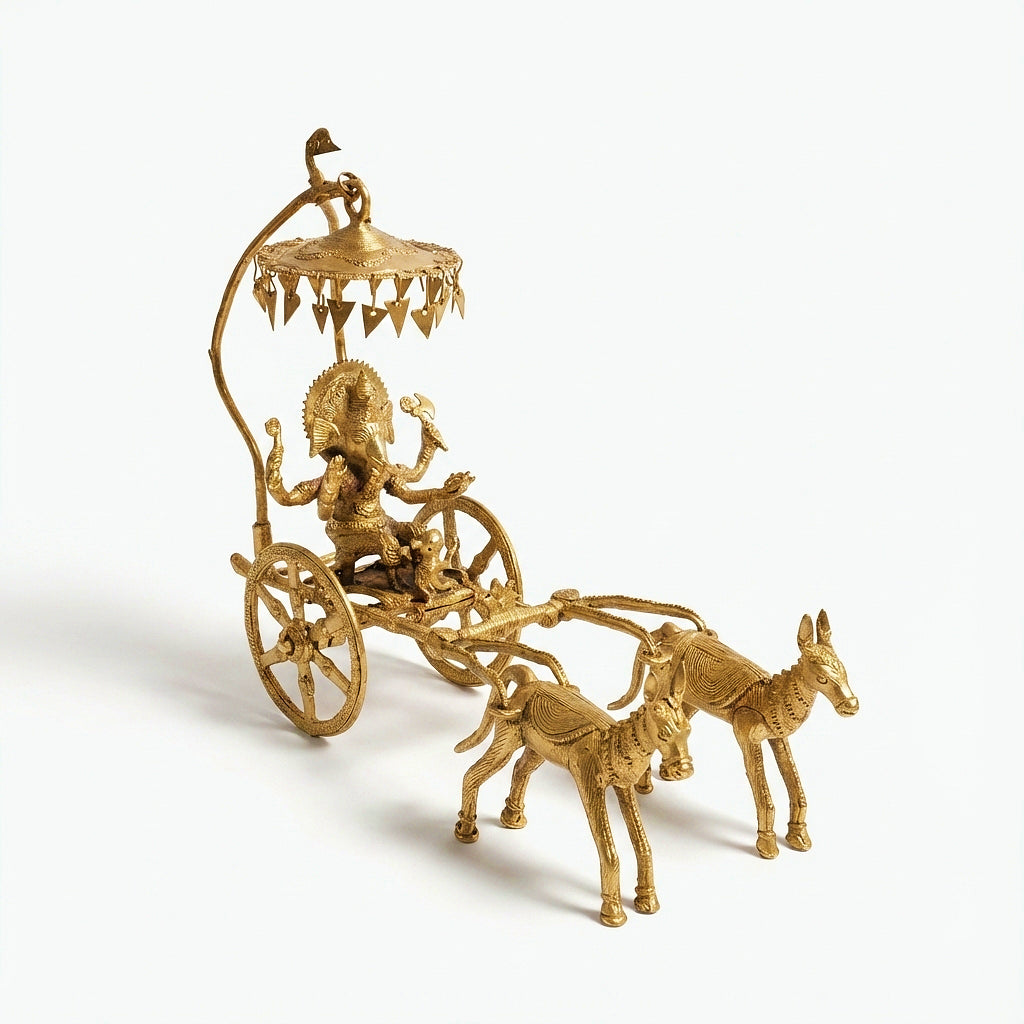 Golden Ganesh Chariot Dhokra Craft | Handmade Brass Ganesha Idol & Dhokra Metal Sculpture