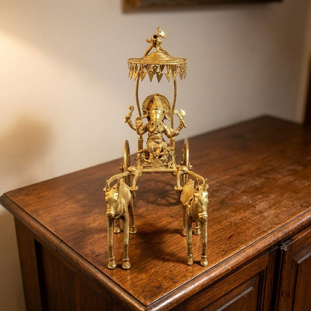 Golden Ganesh Chariot Dhokra Craft | Handmade Brass Ganesha Idol & Dhokra Metal Sculpture