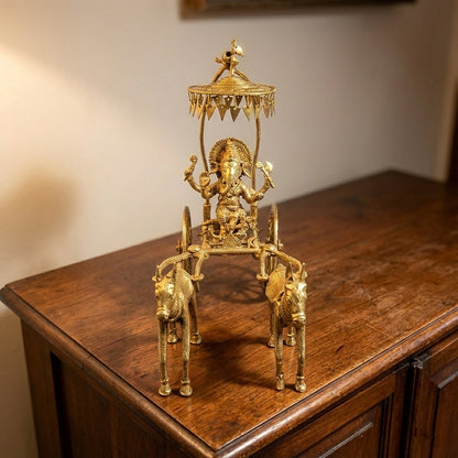 Golden Ganesh Chariot Dhokra Craft | Handmade Brass Ganesha Idol & Dhokra Metal Sculpture