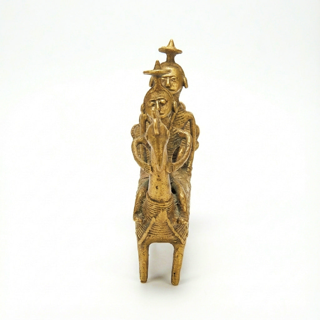 Golden Peacock with Men Dhokra Craft | Handmade Bronze Peacock Sculpture in Dhokra Metal Art