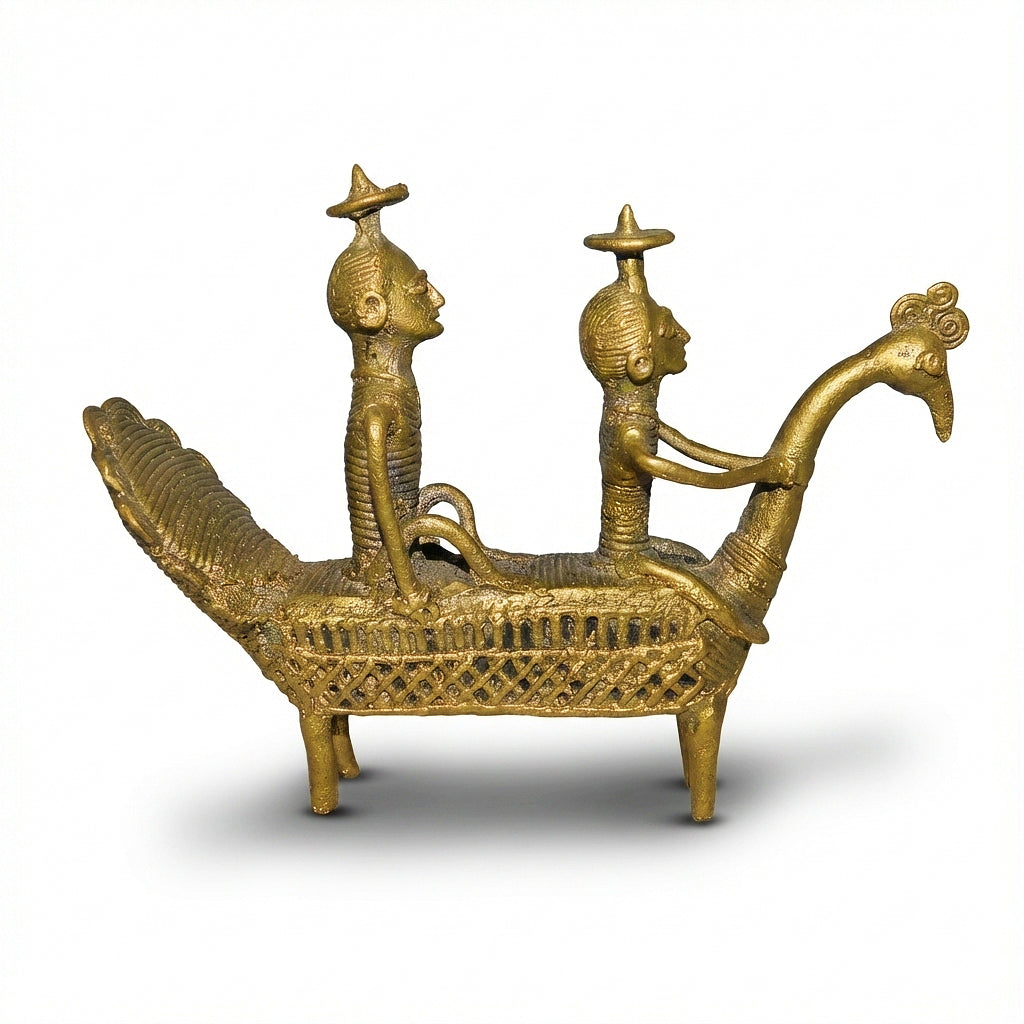 Golden Peacock with Men Dhokra Craft | Handmade Bronze Peacock Sculpture in Dhokra Metal Art