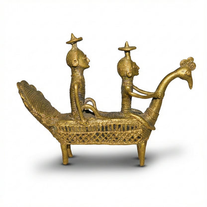 Golden Peacock with Men Dhokra Craft | Handmade Bronze Peacock Sculpture in Dhokra Metal Art