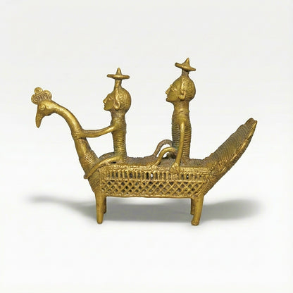 Golden Peacock with Men Dhokra Craft | Handmade Bronze Peacock Sculpture in Dhokra Metal Art