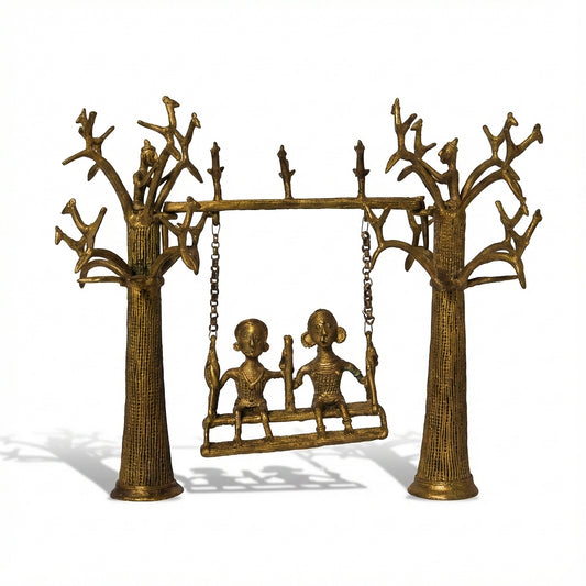 Couple Swing Golden Dhokra Craft | Handmade Bronze Couple Swing Figurine in Dhokra Metal Art