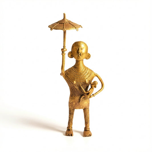 Woman with Baby & Parasol Golden Dhokra Craft | Handmade Bronze Tribal Motherhood Dhokra Sculpture