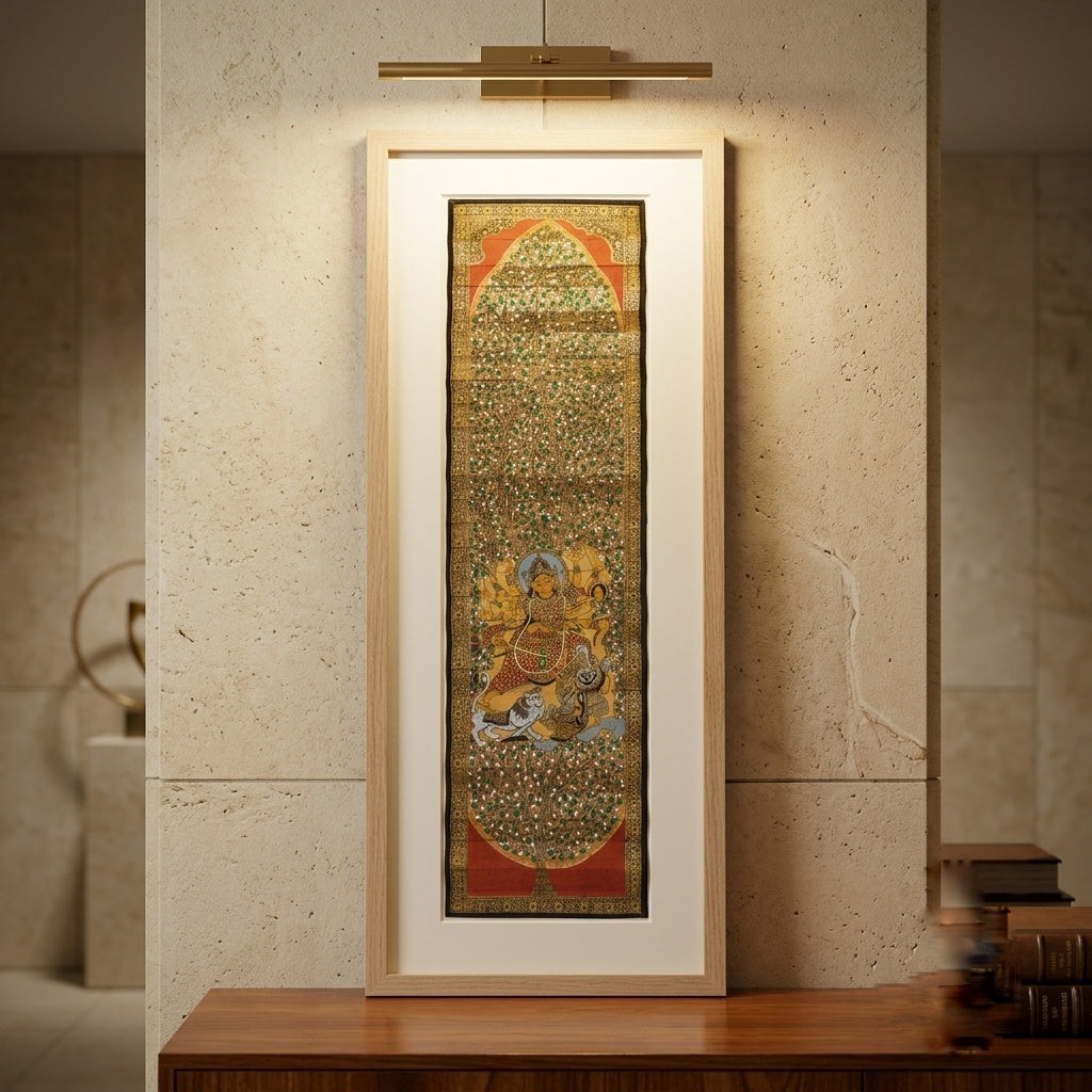 Durga Life Beneath the Tree — Palm-Leaf Pattachitra Scroll