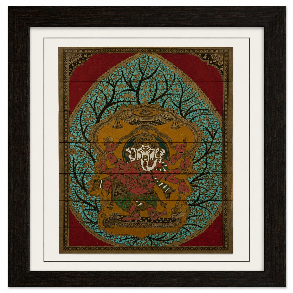 Shri Ganesha Beneath Tree of Life Hand-Carved Pattachitra Artwork With Natural Pigments