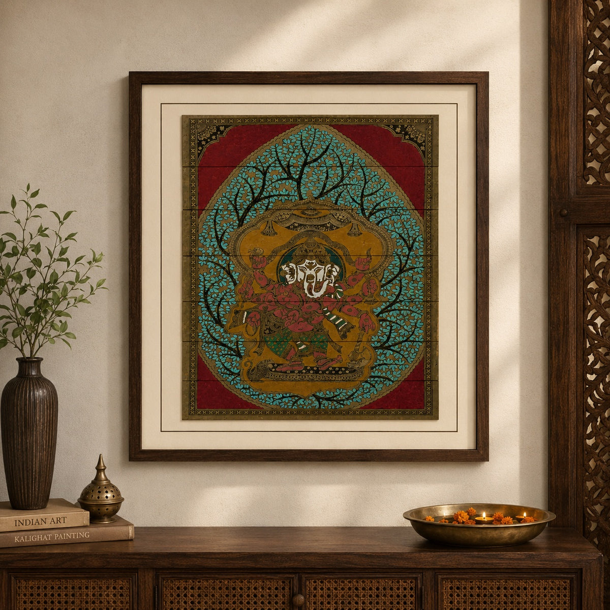 Shri Ganesha Beneath Tree of Life Hand-Carved Pattachitra Artwork With Natural Pigments