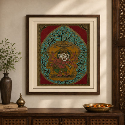 Shri Ganesha Beneath Tree of Life Hand-Carved Pattachitra Artwork With Natural Pigments