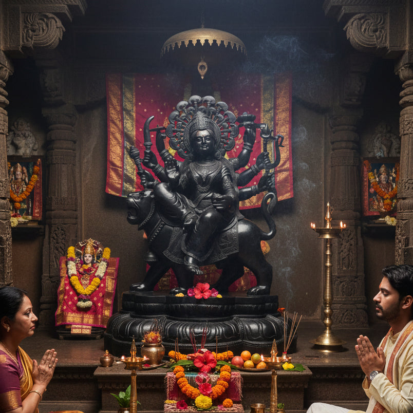 Simhavahini Ashtabhuja Maa Durga | Khiching Black Granite | Indie Kaarigari Hand-Carved "Sattva: Sacred"