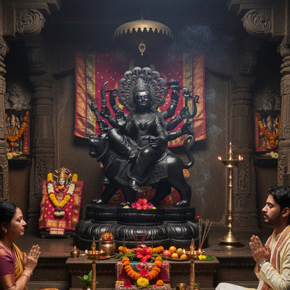Simhavahini Ashtabhuja Maa Durga | Khiching Black Granite | Indie Kaarigari Hand-Carved "Sattva: Sacred"