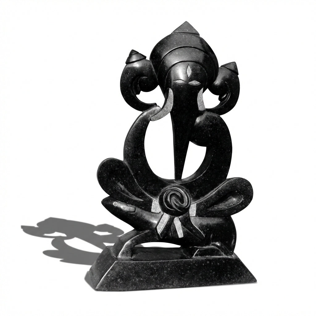 Sitting Ganesha – Khiching Black Granite Spiritual Idol for Vastu, Modern Mandirs & Luxury Home Decor | Indie Kaarigari Hand-Carved  "Sattva: Sacred"
