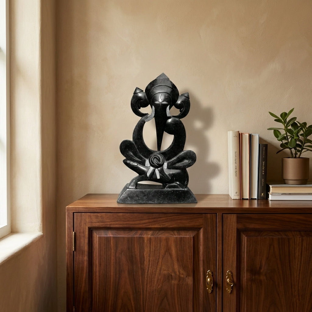 Sitting Ganesha – Khiching Black Granite Spiritual Idol for Vastu, Modern Mandirs & Luxury Home Decor | Indie Kaarigari Hand-Carved  "Sattva: Sacred"