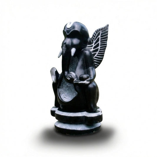 "Eternal Loop" Abstract Ganesha – Khiching Black Granite Sustainable Sculpture for Vastu, High-End Decor & Sacred Spaces | Indie Kaarigari Hand-Carved "Sattva: Sacred"
