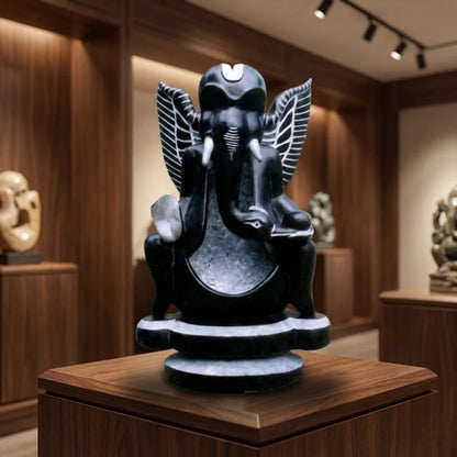 "Eternal Loop" Abstract Ganesha – Khiching Black Granite Sustainable Sculpture for Vastu, High-End Decor & Sacred Spaces | Indie Kaarigari Hand-Carved "Sattva: Sacred"