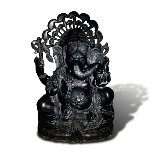 Sitting Ganesha with Ornate Arch – Premium Khiching Black Granite Traditional Idol for Vastu & Home Mandir | Indie Kaarigari Hand-Carved "Sattva: Sacred"