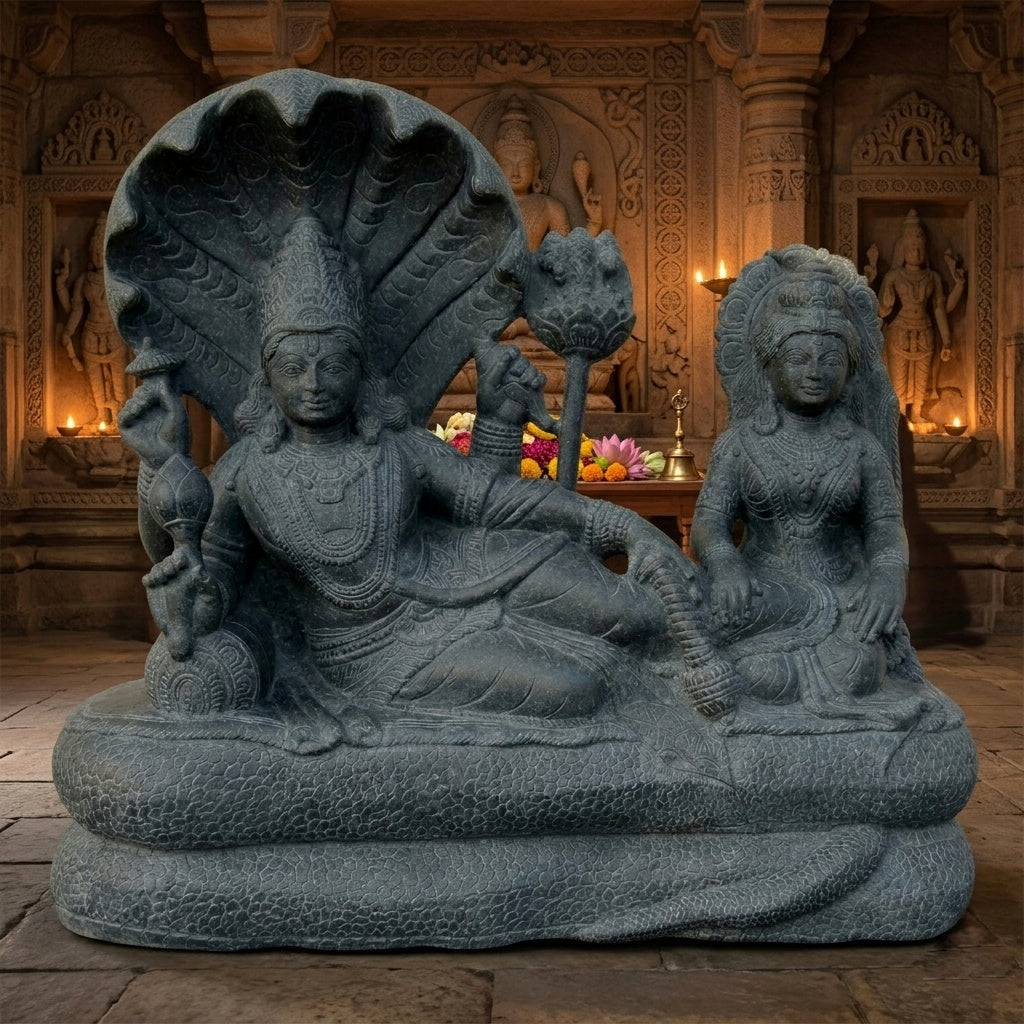 The Anantashayana Vishnu & Laxmi Nilgiri gray Granite Idol | Indie Kaarigari Hand-Carved "Sattva: Sacred"