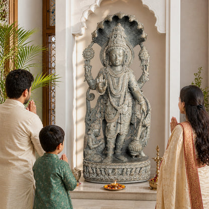 Divine Narayana | Nilgiri gray Granite Vishnu |  Indie Kaarigari Hand-Carved "Sattva: Sacred"