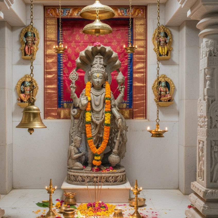 Divine Narayana | Nilgiri gray Granite Vishnu |  Indie Kaarigari Hand-Carved "Sattva: Sacred"