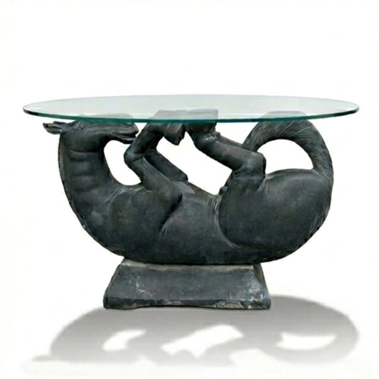 Horse Shaped Tea Table Base Nilgiri Grey Granite Sculpture Coffee Table - Indie Kaarigari Hand-Carved "Sattva: Sculpt"