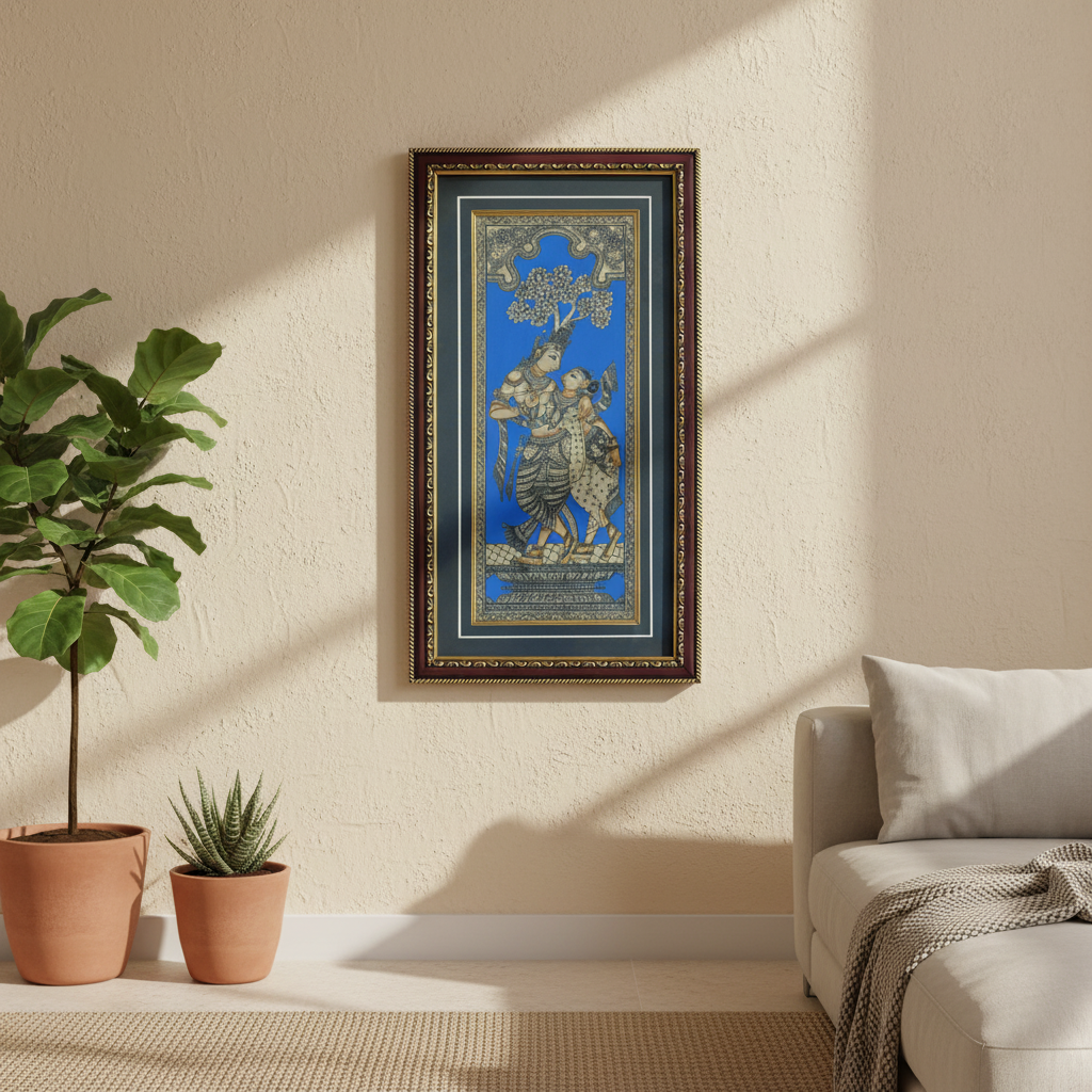 Shree Radha-Krishna in madhu-kunj Pattachitra Painting on tussar silk fabric