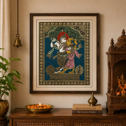 Radha–Krishna Beneath Tree Of Life:  Hand-Carved Artwork Using Natural Pigments On Palm-Leaf