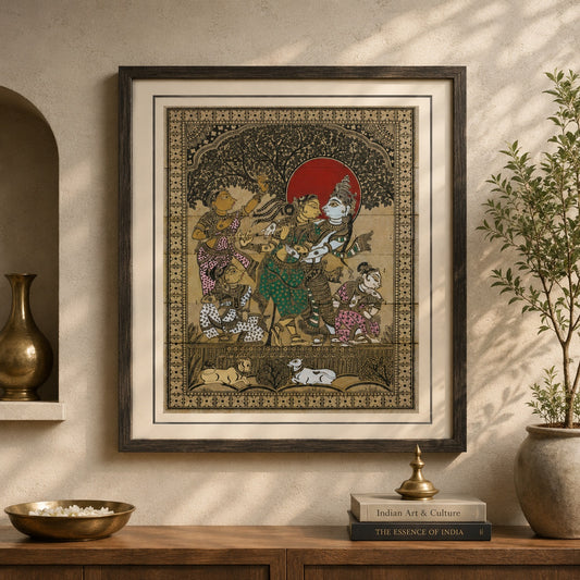 Radha–Krishna with Gopis:  Hand-Carved Artwork Using Natural Pigments On Palm-Leaf