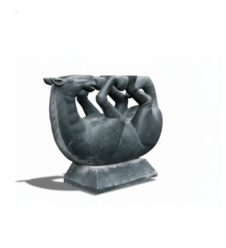 Horse Shaped Tea Table Base Nilgiri Grey Granite Sculpture Coffee Table - Indie Kaarigari Hand-Carved "Sattva: Sculpt"