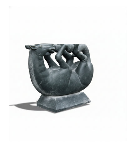 Horse Shaped Tea Table Base Nilgiri Grey Granite Sculpture Coffee Table - Indie Kaarigari Hand-Carved "Sattva: Sculpt"