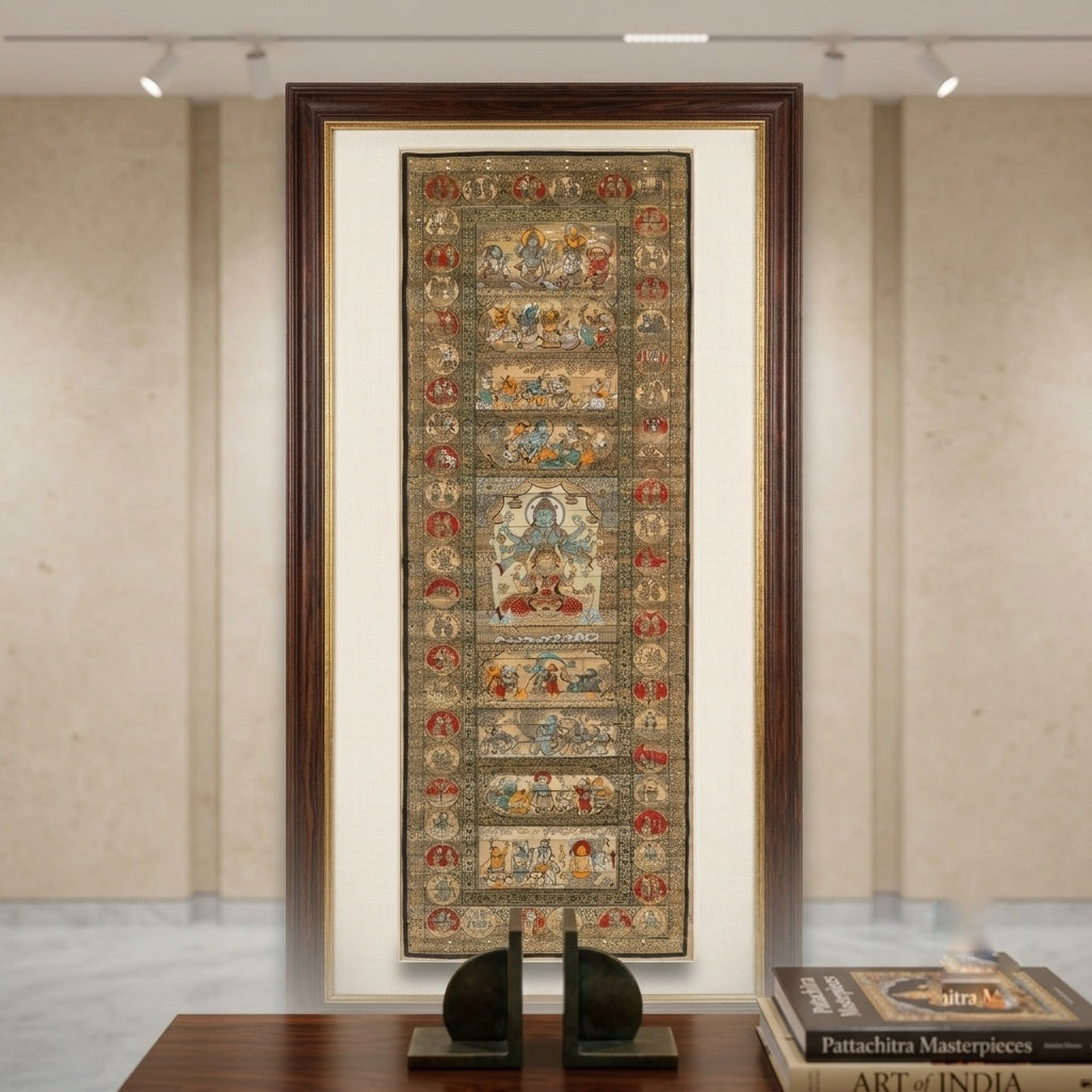 Lord Vishnu's Story — The Dashavatara Narrative Scroll Hand Carved On Palm-Leaf With Natural Pigments
