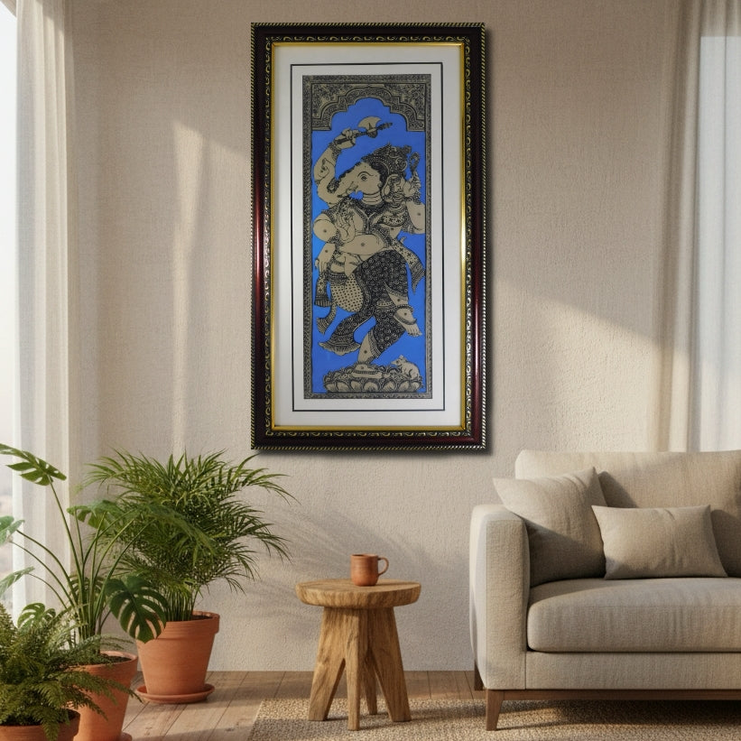 Nritya-Ganapati Pattachitra Colorful Painting on tussar silk fabric